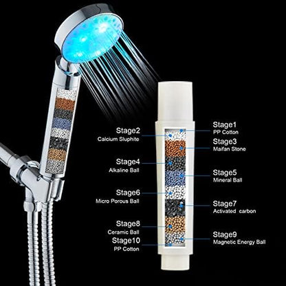 KAIREY Filtered Led Shower Head for Hard Water 7 Color Light Change Automatically Handheld Showerhead Polished Chrome with 60 Inches Stainless Steel Hose and Adjustable Bracket Filter Shower Head