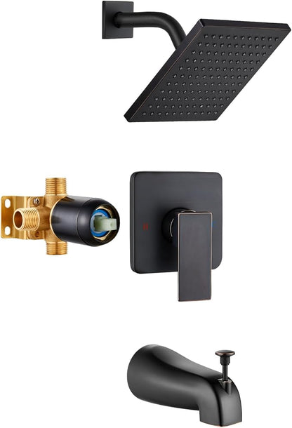 Heyalan 8 Inch Shower Faucet Set with Tub Spout and Valve,Oil Rubbed Bronze | 8-inch square rainfall head, tub spout with diverter, male-thread rough-in valve, single-handle control and wall-mount design