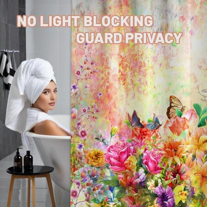 Floral Shower Curtain Colorful Wildflower Flower Butterfly Spring Summer Bathroom Decor, Waterproof Cloth Fabric with Hooks 70" Wx96 L