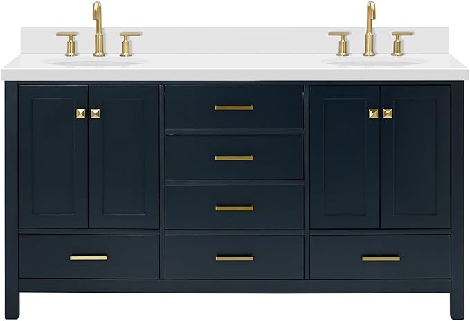ARIEL Cambridge 66-inch Bathroom Vanity with Sink,Solid Wood, 1.5-inch Pure White Quartz Countertop & Backsplash, Double Oval Porcelain Sink, 4 Soft Closing Doors, 6 Dovetail Drawers, Midnight Blue