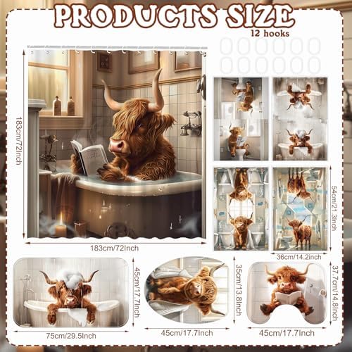 FuWeave 8 Pcs Highland Cattle Shower Curtain Sets for Bathroom Decor