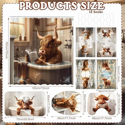 FuWeave 8 Pcs Highland Cattle Shower Curtain Sets for Bathroom Decor