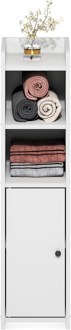 Furinno Fulda Bathroom Storage Cabinet, 5-Tier Bathroom Cabinet, Narrow Cabinet with Door and Adjustable Shelves, 32H, for Small Spaces, Bathroom, Living Room, Entryway, White