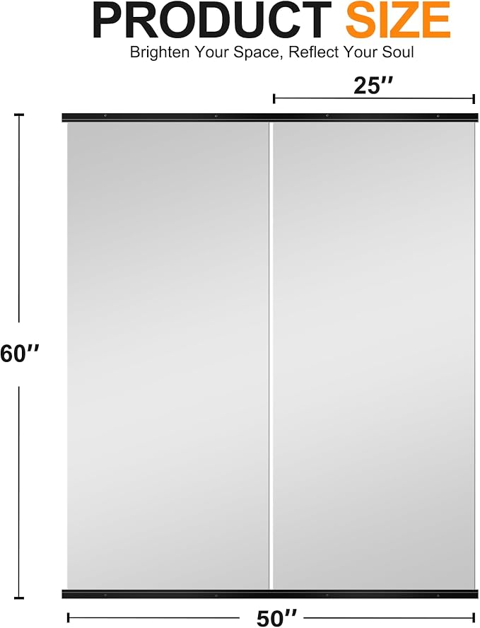 Large Full Body Mirror for Yoga, Frameless Wall-Mounted Glass Panel (60"x25"-Black) 2PCS for Home, Garage, Bedroom & Bathroom