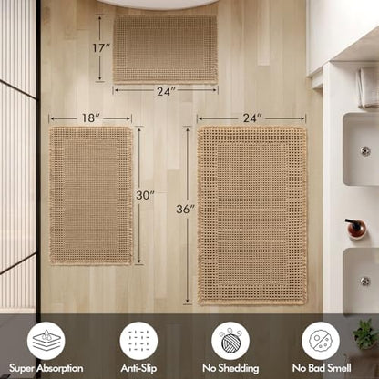 MIULEE Set of 2 Waffle Bathroom Rugs Bordered Mat Brown 17"x24"+18"x30"