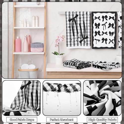 FuWeave 8 Pcs Black Shower Curtain Set Aesthetic Bow Knot Bathroom Decor Pretty Coquette Waterproof Shower Curtain Modern Minimalist Towels Non Slip Rug Toilet Lid Cover Bath Mat with 12 Hooks