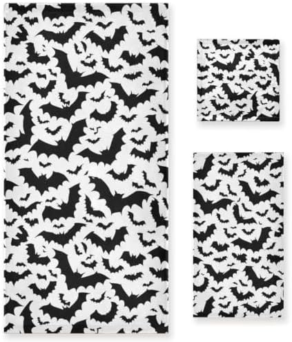 Naanle Soft 1 Bath Towel+1 Hand Towel+1 Washcloth, Halloween Black Bats Pattern 3 Towels Set Decor for Home,Bathroom, Hotel, Gym, Spa and Beach