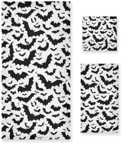 Naanle Soft 1 Bath Towel+1 Hand Towel+1 Washcloth, Halloween Black Bats Pattern 3 Towels Set Decor for Home,Bathroom, Hotel, Gym, Spa and Beach