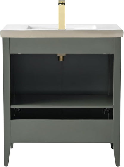Vanity Art 30 inch Bathroom Vanity with Single Sink & Ceramic Top, Vanity Cabinet with Soft-Closing Door, Solid Wood Frame, Linear Pattern, Vintage Green, VA9130-VG-MB,Matte Black Handles
