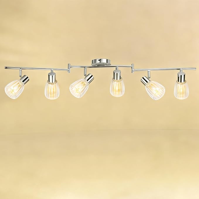 HiBay 6-Light Track Lighting, Flexible Ceiling Light Fixture w/Glass Shade | Modern Chrome Track Spot Lights Indoor for Kitchen, Living Room, Bedroom, Home Office, E12 Base, No Bulbs