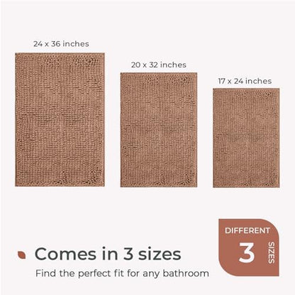 FRESHMINT Chenille Bath Rugs Extra Soft and Absorbent Microfiber Shag Rug, Non-Slip Runner Carpet for Tub Bathroom Shower Mat, Machine-Washable Durable Thick Area Rugs (Caramel Heather, 24" x 17")