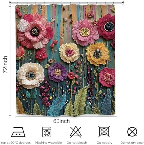 Vintage Colorful Flower Shower Curtain 60Wx72L Inch Botanical Blossom Retro Plant Bathroom Set Accessories Decor with 12 Pack Hooks