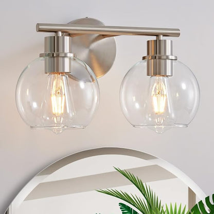 Bathroom Light Fixtures Over Mirror 2-Lights Bathroom Vanity Light with Clear Glass Shade 13.4 inch Modern Brushed Nickel Vanity Light Wall Sconce Vanity Light Bathroom Light for Bath, L1746