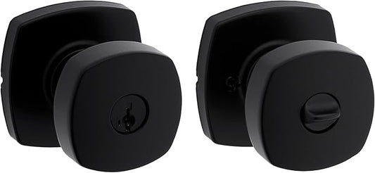 Kwikset Arroyo Knob Entry Door Knob with Lock and Key, Secure Keyed Handle Exterior, Front Entrance and Bedroom, Matte Black, Pick Resistant SmartKey Rekey Security and Microban