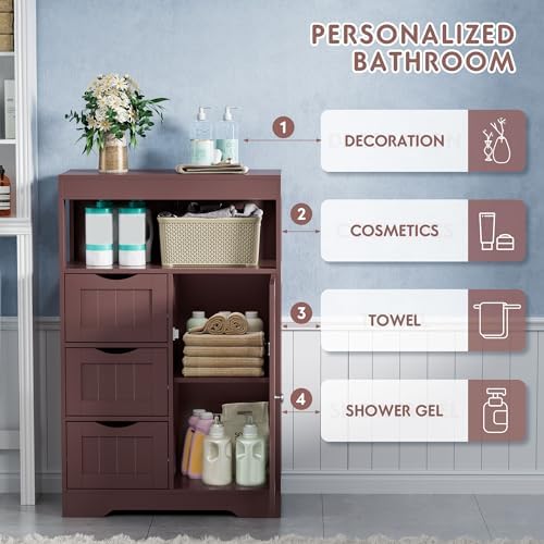 JUMMICO Bathroom Floor Cabinet, Wooden Free-Standing Storage Organizer with 1 Door and 3 Drawers, Bathroom Storage Cabinet for Living Room/Kitchen/Hallway/Home Office (Espresso, 3 Drawers)