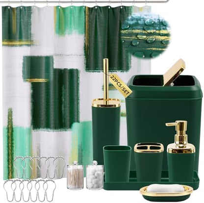 XLHOMO Green and Gold Bathroom Accessories Set, Bathroom Sets with Shower Curtain, Green Bathroom Accessories with Trash Can, Soap Dispenser, Soap Dish, Toilet Brush Holder, Qtip Holders