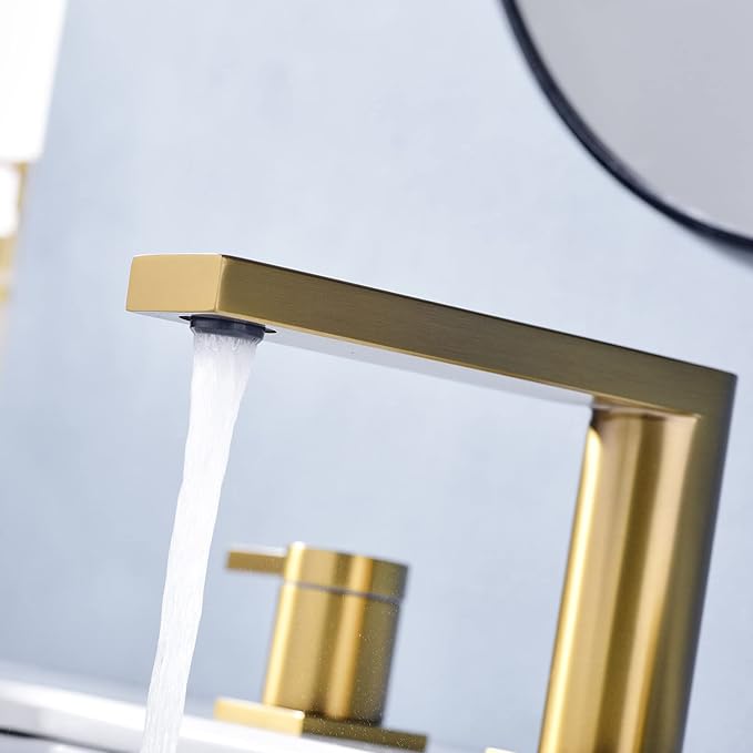 Luxury Brass Widespread Bathroom Sink Faucets for 3 Hole 2-Handle 8 Inch Deck Vanity Faucet & Stainless Steel Pop-up Drain Assembly, Brushed Brass Gold