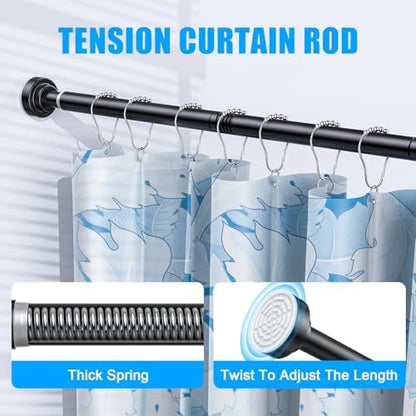 TEECK Shower Curtain Rod, 32-80 inch Adjustable Spring Tension Curtain Rod, Never Rust Anti-Slip Shower Curtain Rod for Bathroom, No Drilling, Never Collapse, Easy to Use, Black