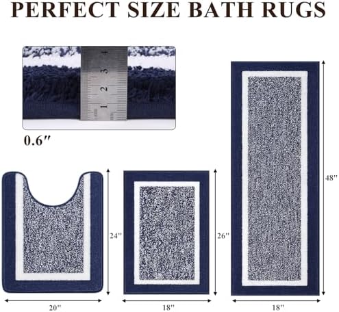 Pauwer Bathroom Rugs 3 Piece Set, Non Slip Washable Bath Mat, Navy