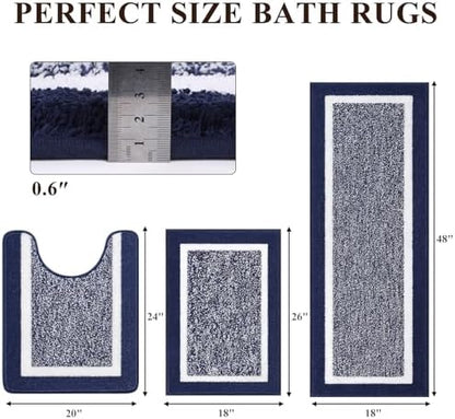 Pauwer Bathroom Rugs 3 Piece Set, Non Slip Washable Bath Mat, Navy