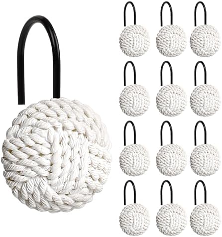 Sunlit Boho Knots Shower Curtain Hooks, Home Decorative White Shower Curtain Rings with Black Hooks for Bathroom, Seaside Nautical Shower Curtain Hangers Bathroom Accessories, Set of 12