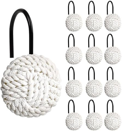Sunlit Boho Knots Shower Curtain Hooks, Home Decorative White Shower Curtain Rings with Black Hooks for Bathroom, Seaside Nautical Shower Curtain Hangers Bathroom Accessories, Set of 12