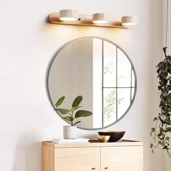 Farmhouse Wood Bathroom Vanity Light Natural Stone Shade | Nordic Style Travertine Linear Bathroom Light Fixture 3 Lights Rotatable LED Wall Light Over Mirror - Natural Wood Color