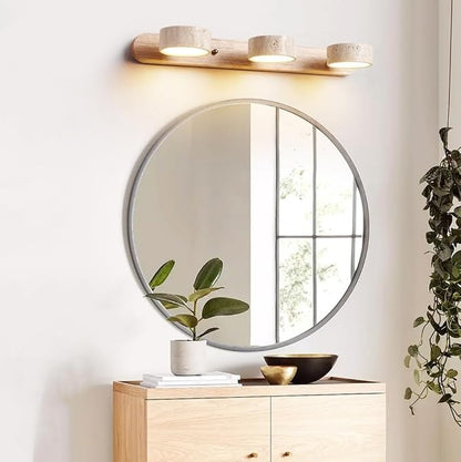Farmhouse Wood Bathroom Vanity Light Natural Stone Shade | Nordic Style Travertine Linear Bathroom Light Fixture 3 Lights Rotatable LED Wall Light Over Mirror - Natural Wood Color