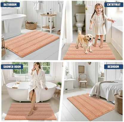 Grandaily Chenille Striped Bathroom Rugs 24x16, Extra Thick and Soft Absorbent Bath Mats, Rubber Backing, Plush Shaggy Shower Carpet, Machine Wash Dry, Bath Rug for Bathroom, Peach
