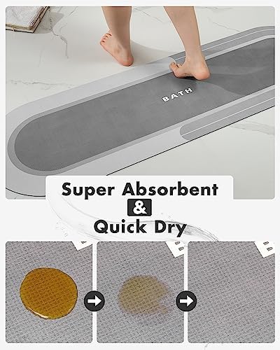 MontVoo Bath Mat Runner - Long Non Slip Absorbent Quick Dry Thin Bath Rug for Bathroom Floor Mat - Rubber Backed - Stain Resistant - Easy Care - Gray 17"x50"