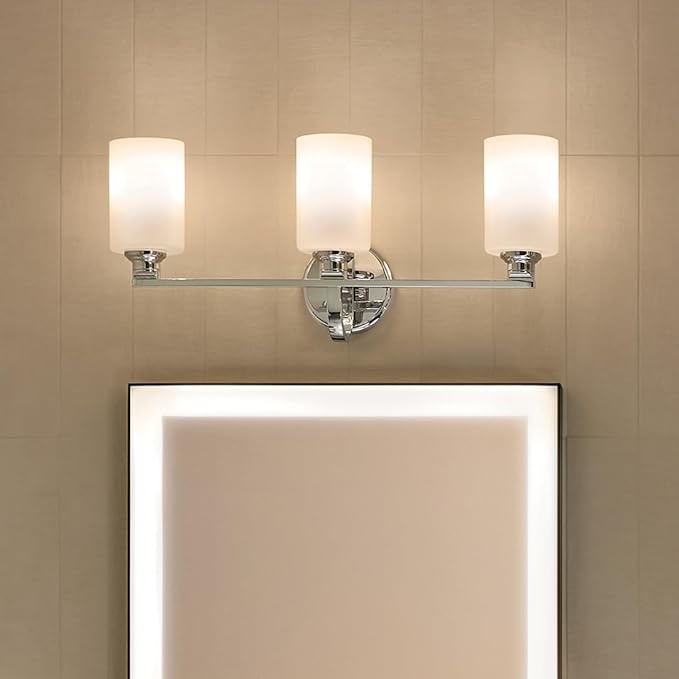 Kichler Gioe 24.25" 3-Light Vanity Light with Opal Glass in Chrome, Damp Rated, for Bathroom, Powder Room, Over a Mirror, (24.25" W x 10.5" H), 55226CH