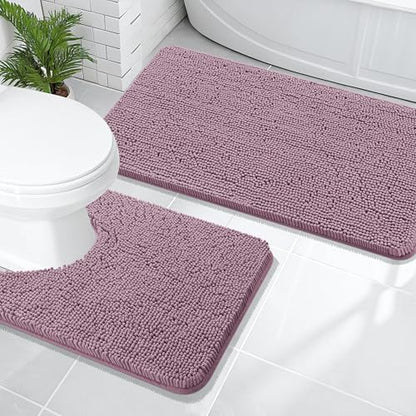 OLANLY Chenille Bathroom Rugs Mats Sets 2 Piece, 47"x20"+24"x20", Deep Plum