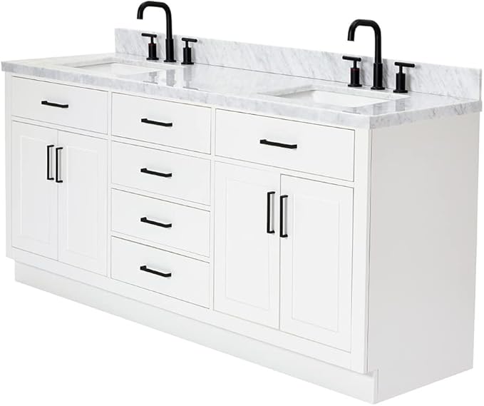 ARIEL Hepburn 72-inch Bathroom Vanity with Sink,Solid Wood, 1.5-inch Italian Carrara Marble Countertop, Double Rectangular Porcelain Sink, 4 Soft Closing Doors, 6 Dovetail Drawers, White