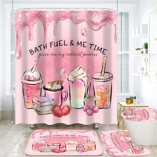 LQCOOL Pink Shower Curtain Set with Rugs,Waterproof Bathroom Sets Pink Shower Curtain with 12 Hooks for Bathroom Decor,Toilet Lid Cover & U-Shaped Mat