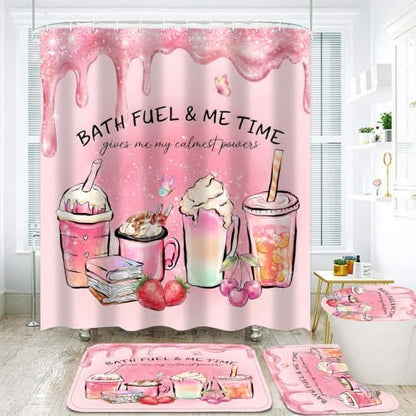 LQCOOL Pink Shower Curtain Set with Rugs,Waterproof Bathroom Sets Pink Shower Curtain with 12 Hooks for Bathroom Decor,Toilet Lid Cover & U-Shaped Mat