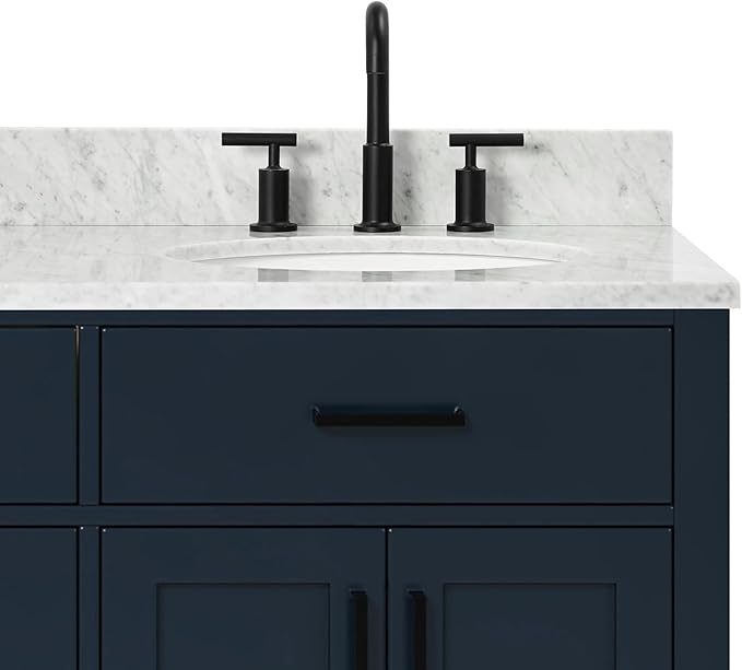 ARIEL Hepburn 66-inch Bathroom Vanity with Sink,Solid Wood, 0.75-inch Italian Carrara Marble Countertop, Double Oval Porcelain Sink, 4 Soft Closing Doors, 6 Dovetail Drawers, Midnight Blue