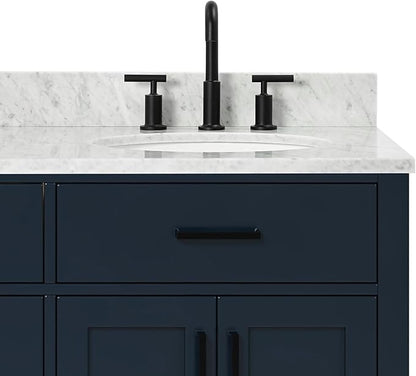 ARIEL Hepburn 66-inch Bathroom Vanity with Sink,Solid Wood, 0.75-inch Italian Carrara Marble Countertop, Double Oval Porcelain Sink, 4 Soft Closing Doors, 6 Dovetail Drawers, Midnight Blue