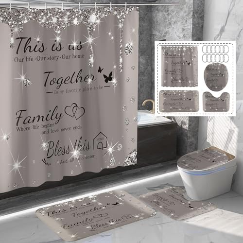 4Pcs Family Shower Curtain Sets with Non-Slip Rugs