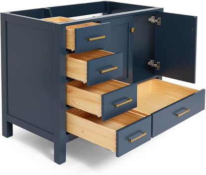 ARIEL Cambridge 42-inch Bathroom Vanity Base Cabinet,Solid Wood, 2 Soft Closing Doors, 5 Dovetail Drawers, Midnight Blue