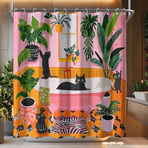 Funny Cat Shower Curtain Boho Cute Fun Black Cats Matisse Shower Curtains for Bathroom Kitten Green Tropical Plant Leaves Pink Orange Yellow Waterproof Fabric Bath Curtain Decor 72 X 72 Inches
