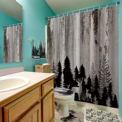 Honoson 8 Pcs Wildlife Animal Shower Curtain Set with Rugs and Kitchen Towels Cabin Deer Bear Forest Decor Shower Curtain Bathroom Set for Farmhouse Country Halloween Housewarming Gifts Decor