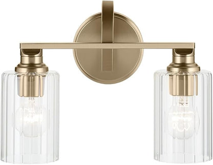 Kichler Gioe 14.25" 2-Light Vanity Light with Clear Fluted Glass in Champagne Bronze, Damp Rated, for Bathroom, Powder Room, Over a Mirror, (14.25" W x 10.5" H), 55225CPZFLU