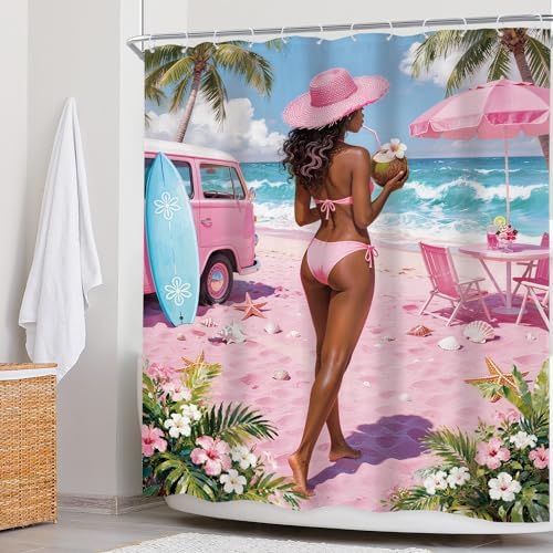 Coastal Fish Seashell Pink Summer Beach Coconut Bathroom Shower Curtain Set