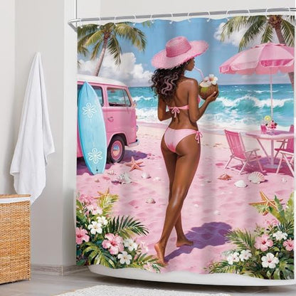Coastal Fish Seashell Pink Summer Beach Coconut Bathroom Shower Curtain Set