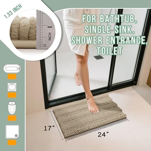 Yimobra Bathroom Rug Mat, Non Slip and Super Absorbent Bath Mat, Machine Washable Quick Dry, Ultra Plush Chenille Shower Rugs for Bathroom Floor Sink Tub and Shower Outside, Camel， 24 x 17