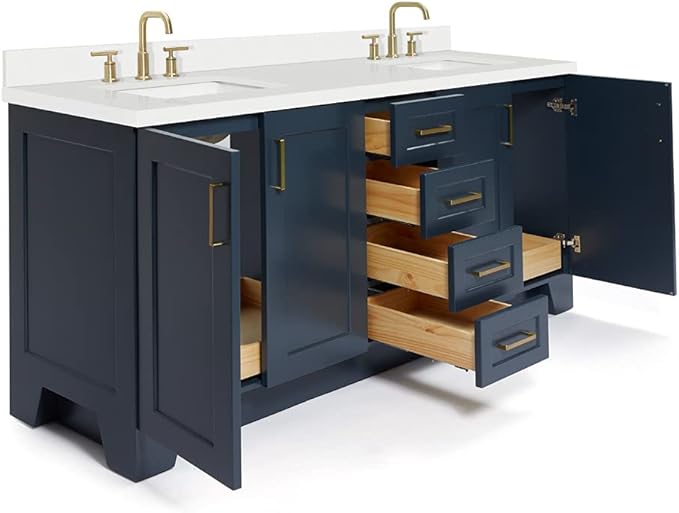 ARIEL Taylor 72-inch Bathroom Vanity with Sink,Solid Wood, 1.5-inch Pure White Quartz Countertop, Double Rectangular Porcelain Sink, 4 Soft Closing Doors, 6 Dovetail Drawers, Midnight Blue