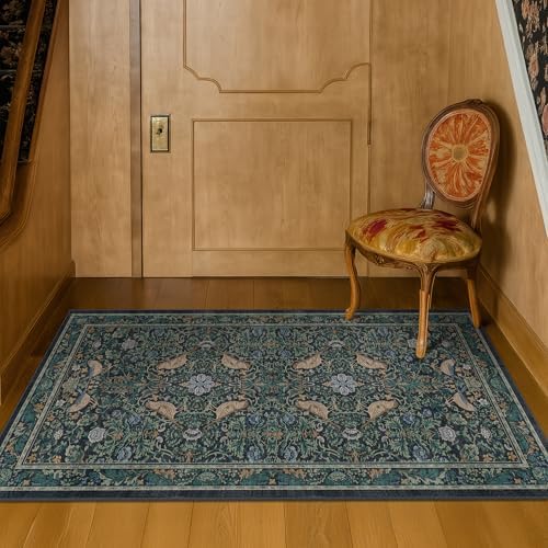 Traditional Washable Entryway Rugs, 3x4 Blue and Green Floral Kitchen Mat for Floor, Bedside, Rug for Laundry Room Floor Non Slip, Moody Stain Resistant Low Plie Carpet