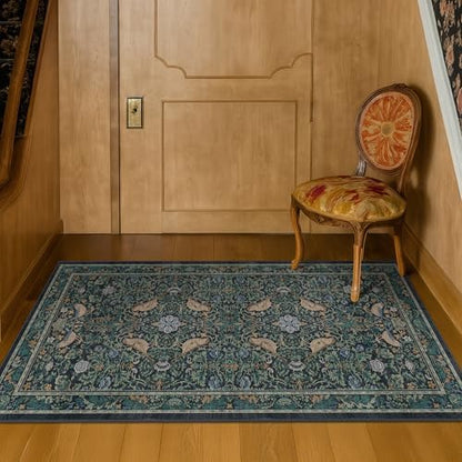 Traditional Washable Entryway Rugs, 3x4 Blue and Green Floral Kitchen Mat for Floor, Bedside, Rug for Laundry Room Floor Non Slip, Moody Stain Resistant Low Plie Carpet