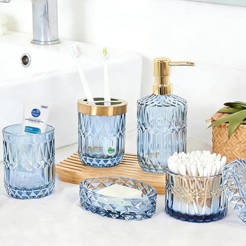 Blue Bathroom Accessories Set - 5PCS Clear Glass Bathroom Accessory Set (Toothbrush Holders, Soap Dispenser, Soap Dish, Tumbler, Cotton Swab Jar), Countertop Vanity Organizer Modern Decor Vintage Gift