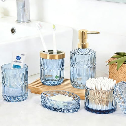 Blue Bathroom Accessories Set - 5PCS Clear Glass Bathroom Accessory Set (Toothbrush Holders, Soap Dispenser, Soap Dish, Tumbler, Cotton Swab Jar), Countertop Vanity Organizer Modern Decor Vintage Gift